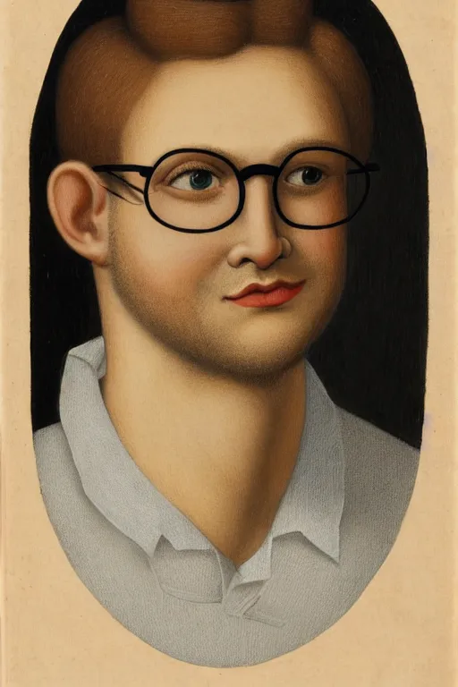 Prompt: A portrait en buste of a man in his twenties, soft round features, oval face, warm skin tone, tired-looking blue grey eyes, short length wavy dark blond hair, kind smile, wearing small round glasses, thin lips, small ears, wearing a textured ochre cotton dress shirt rolled at the elbows, fauvisme, art du XIXe siècle, figurative oil on canvas by André Derain, Albert Marquet, Auguste Herbin, Louis Valtat, Musée d'Orsay catalogue
