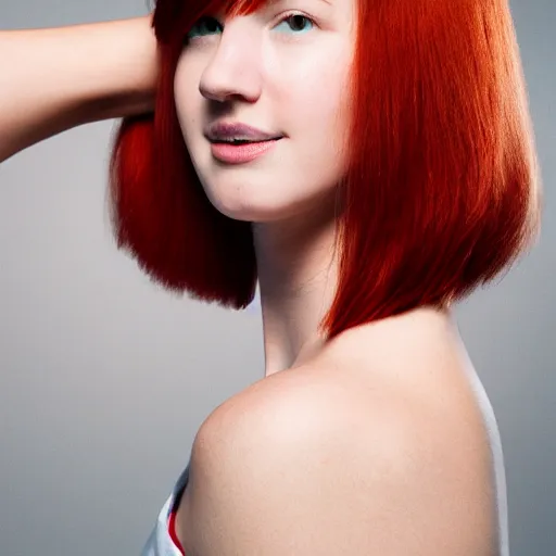 Prompt: portrait of a plain looking young white female model red hair and uneven skintone and a round shaped face