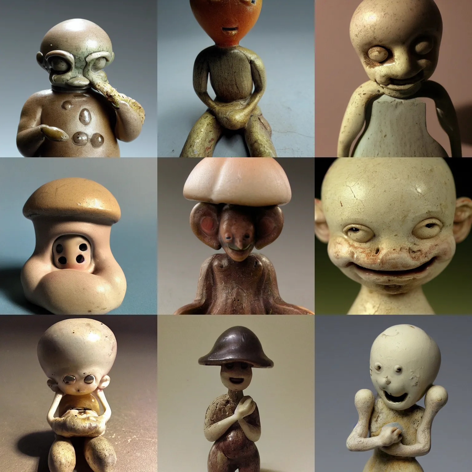 Prompt: anthropomorphic smiling! antique! mushroom!!! figurine, disturbing creepy macro photo, img 0 6 6 6. jpg