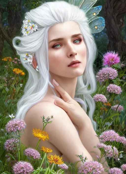 Image similar to highly detailed ilustration of a beautiful white haired woman as a fairy princess in a garden holding a bunch of wild flowers, deep focus, d & d, fantasy, intricate, elegant, highly detailed, digital painting, artstation, concept art, matte, sharp focus, illustration, hearthstone, art by artgerm and greg rutkowski and alphonse mucha and marco mazzoni