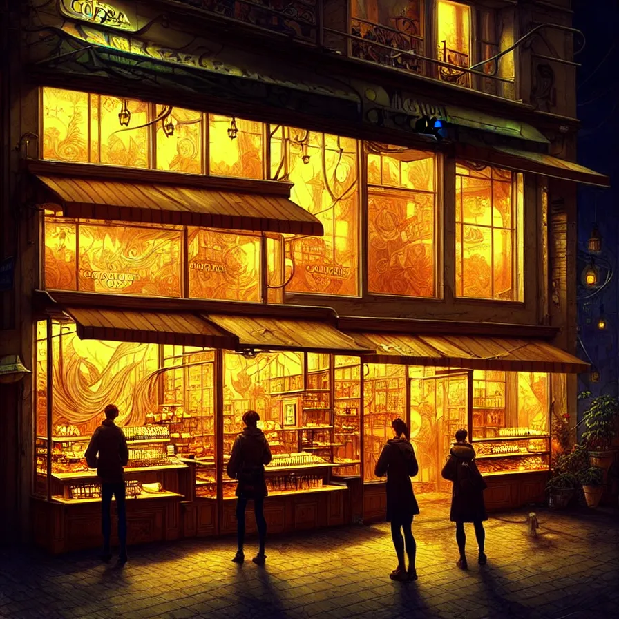 Image similar to a coffee shop store in The City of Ukraine at night with a few customers, extreme plus resolution fantasy concept art, intricate details to everything visible, sharp lighting, Dramatic light by denis villeneuve, strong emphasis on alphonse mucha, Makoto Shinkai