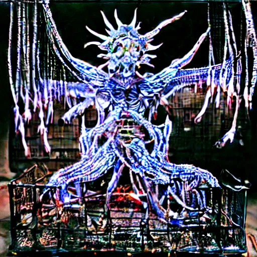 Image similar to 10,100 wemon worshipping the cybercore dragon angel pimp covered in wires damnatione emerging from cybercore damnation hell portal in the middle of my digusting dirty room, holy ceremony, heavens gate, low quality photo, flikr