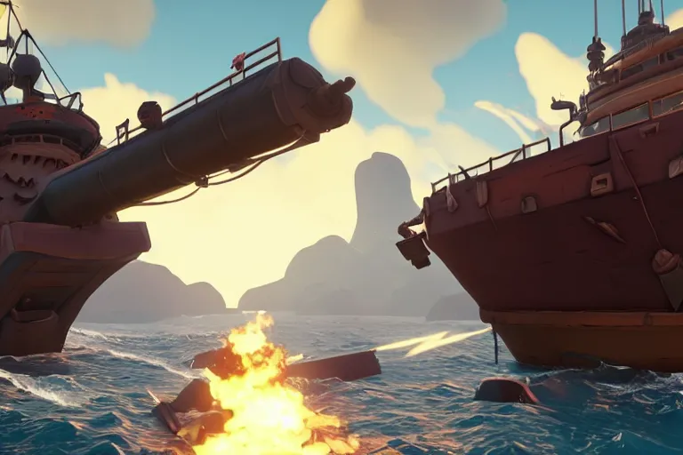 Prompt: a tank!!! on top of a ship in Sea of Thieves!!!, Unreal Engine, Battlefield Heroes