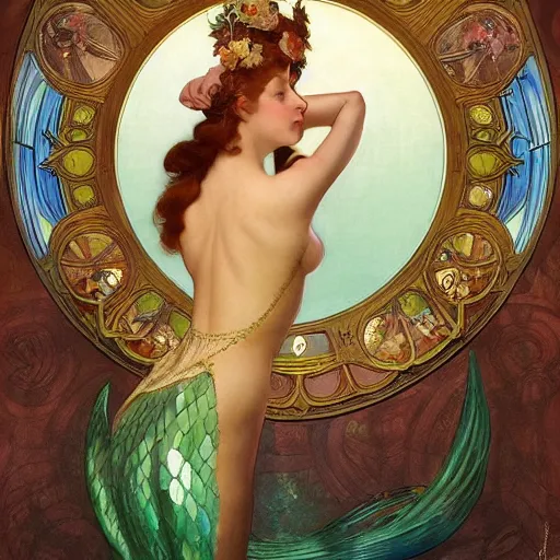 Prompt: full body pose, hyperrealistic oil painting of beautiful starbucks mermaid, dim volumetric lighting, art nouveau, by mucha and elvgren. extremely hyper detailed, intricate, epic composition, cinematic lighting, masterpiece, trending on artstation