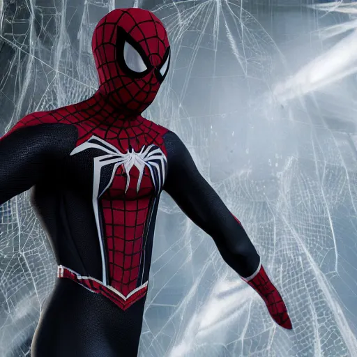 Image similar to black spider - man suit with white web lining, cinematic, volumetric lighting, realistic, hyperdetailed, photorealistic, photograph