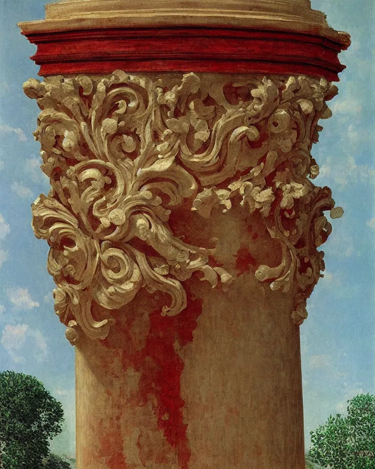 Prompt: achingly beautiful painting of intricate ancient roman corinthian capital on ruby background by rene magritte, monet, and turner. giovanni battista piranesi.