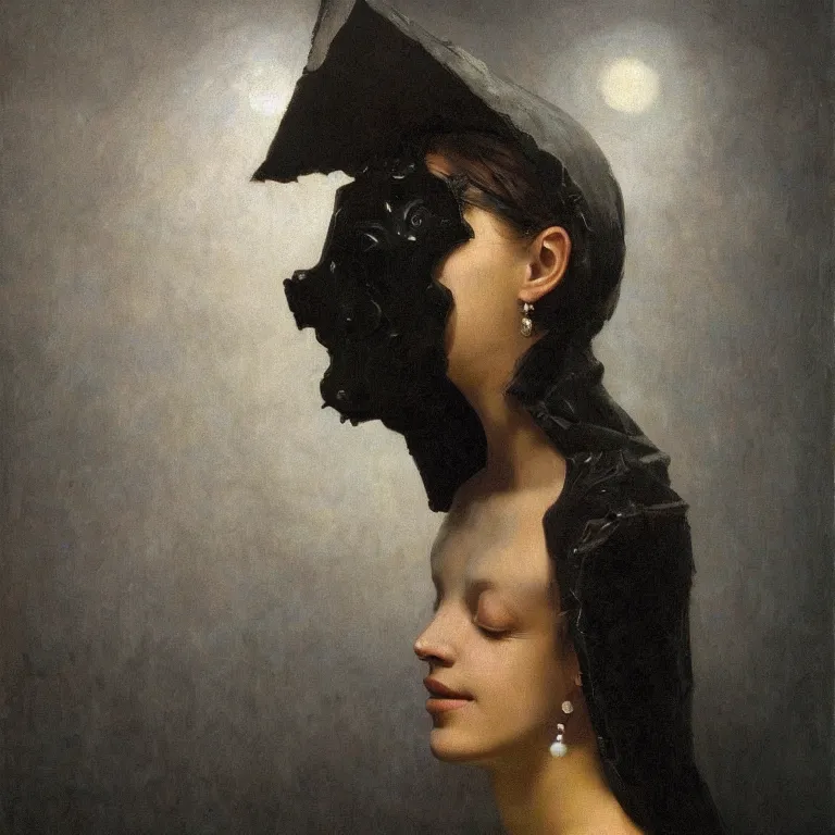 Image similar to The portrait of beautiful woman with closed eyes in steel full-face occult mask and black dress by Ilya Repin, William Blake, Michelangelo da Caravaggio and Beksinski, highly detailed oil painting, trending by artstation, dramatic volumetric lighting, fantasy character, 4k, masterpiece
