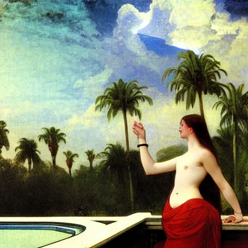 Prompt: Girl throwing gand signs at the palace, thunderstorm, pool, beach and palm trees on the background major arcana sky, by paul delaroche, alphonse mucha and arnold böcklin arnold böcklin hyperrealistic 8k, very detailed