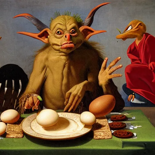 Image similar to a goblin bird with a plate of eggs and cookies, renaissance painting,