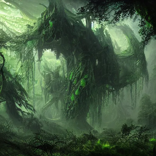 Image similar to a green eldritch monstrosity in an overgrown forest viewed from the sky by Marek Okon, god rays, fantasy art, 4k, HDR, photorealistic, 8k, trending on artstation