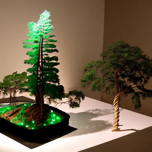 Image similar to Elaborate realistic model of a sequoia made of wire sitting on a professionally illuminated display table