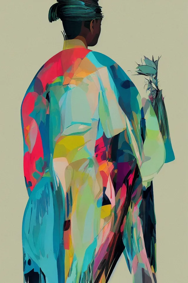 Image similar to naturalist portrait of a modern shaman, modern minimal isei miyake outfit, in the style of vogue, syd mead, triadic color scheme, bioluminiscent fabrics, concept art