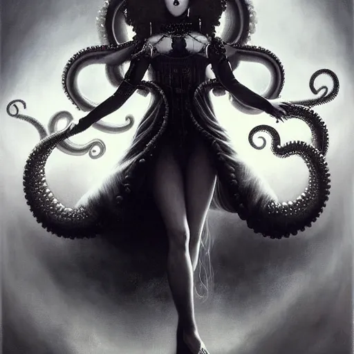 Image similar to By Tom Bagshaw, ultra realist soft painting of a curiosities carnival pearls and tentacles by night, very beautiful female dollpunk in full gothic dress, symmetry accurate features, very intricate details, omnious sky, black and white, volumetric light clouds