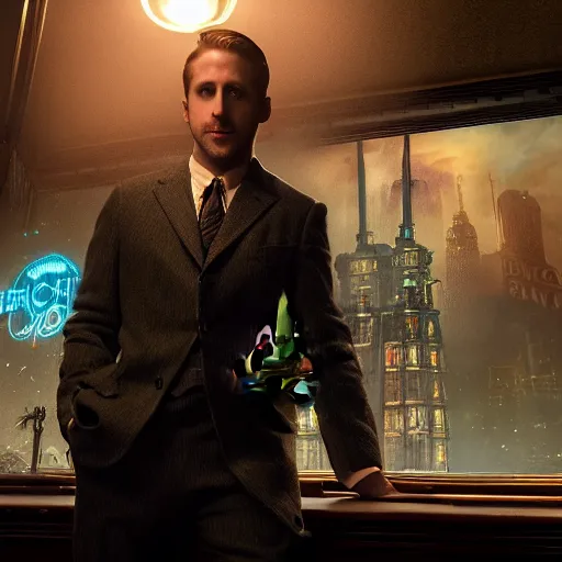 Image similar to a highly detailed cinematic photo from a live - action bioshock movie. andrew ryan, portrayed by ryan gosling, is shown standing in a 1 9 3 0's office with a large desk in front of a floor - to - ceiling window looking out onto the underwater city of rapture shining in the distance, several fish are shown outside of the window