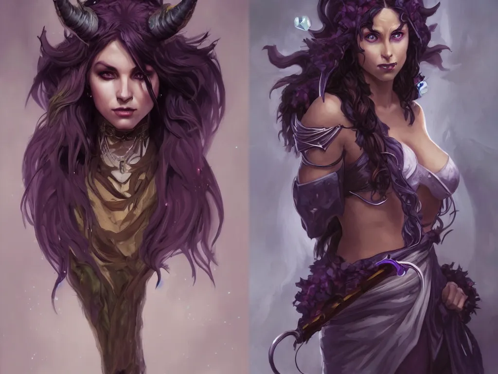 Image similar to Attractive Tiefling Druid, She has light brown skin, dark purple hair, and silver eyes full body, dungeons and dragons portrait, highly detailed, digital painting, artstation, concept art, sharp focus, illustration, art by artgerm and greg rutkowski and alphonse mucha