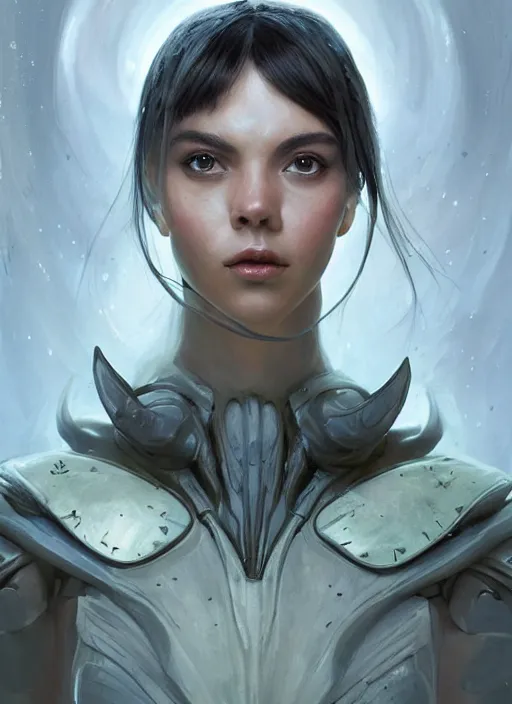 Image similar to a professional painting of a beautiful young female alien, clothed in ethereal armor, olive skin, long dark hair, beautiful bone structure, symmetrical facial features, intricate, elegant, digital painting, concept art, smooth, sharp focus, illustration, from Valerian and the City of a Thousand Planets, by Ruan Jia and Mandy Jurgens and Artgerm and William-Adolphe Bouguerea