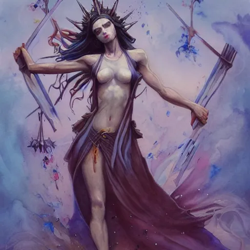 Image similar to full body portrait, long shot, Crucifixion pose, of a beautiful goddess, sworming in flowers, magical, pale skin, blue eyes, long black hair, floating in a misty daze, by pete mohrbacher and greg rutkowski, watercolor painting, deviantart, pinterest