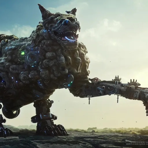 Prompt: hybrid of a cyborg dog and an agate golem kaiju, landscape agate, ultra detailed, 8 k, rule of thirds, professional lighting, unreal engine.