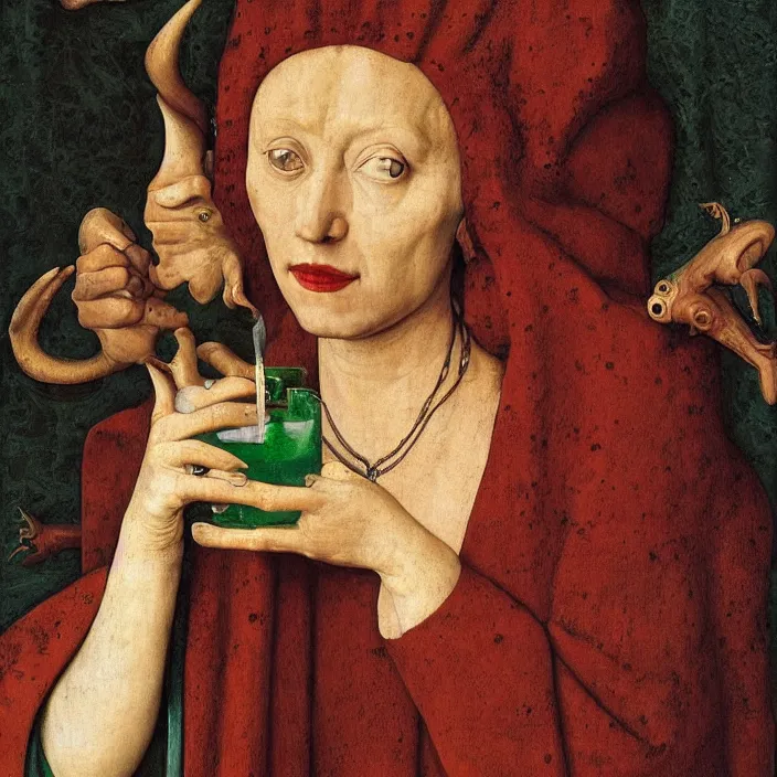 Prompt: a closeup portrait of a horned woman, multiple hands, too many hands, drinking a martini, martini glass, by jan van eyck