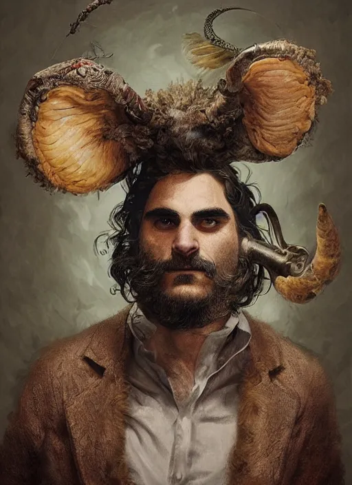 Image similar to a hyper detailed painting of an anthropomorphic joaquin phoenix as the king of animals, cow horns, pig nose, sheep wool, chicken feathers, horror, by anna podedworna, by miklos ligeti, by diego maricato, by taran fiddler, by antonino truisi, by chris reddie, on artstation