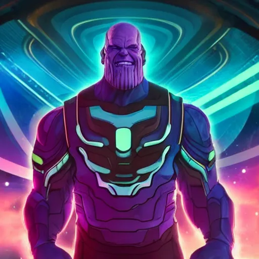 Image similar to thanos is a dj at a cyberpunk rave, he's wearing headphones and telling you to hold on a sec, holding 1 finger out to signify : wait a minute