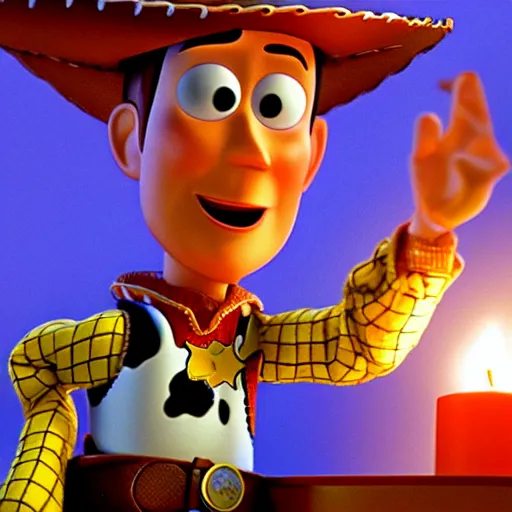 Prompt: close up of woody from toy story melting buzz light year over a candle, cinematographic shot, cartoon