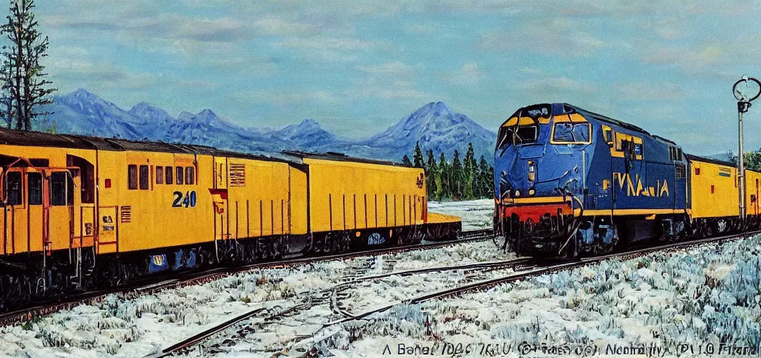 Prompt: a via rail!!! f - 4 0 ph - 2 d leaving sainte - foy station in 1 9 9 2, by bob ross, peaceful, hopeful, oil painting!!