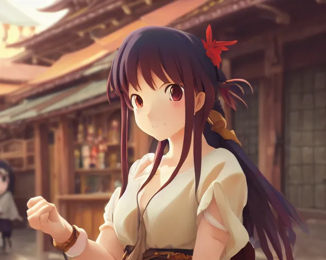 Prompt: anime visual, portrait of a young female adventurer in an open medieval market, cute face by yoh yoshinari, katsura masakazu, cinematic luts, cold studio lighting, dynamic pose, dynamic perspective, strong silhouette, anime cels, kyoto animation, cel shaded, crisp and sharp, rounded eyes, moody