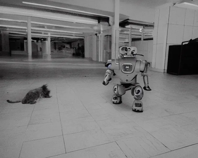 Prompt: camera footage of a Dog Robot hunting people in an abandoned shopping mall, high exposure, dark, monochrome, camera, grainy, CCTV, security camera footage, timestamp, zoomed in, fish-eye lense, Robot, Drone, Intense, Darpa,