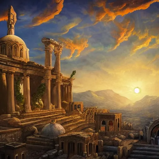 Image similar to Cinematic view approaching a detailed fantasy city with greek restored architecture from a searing desert; fantasy art