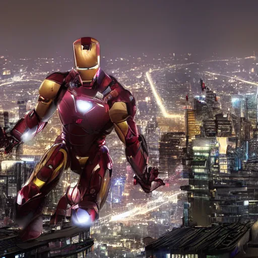 Image similar to a hyperdetailed photograph of iron man flying through the skies of a cyberpunk, futuristic city, night, dense fog, rain, hd, 8 k resolution