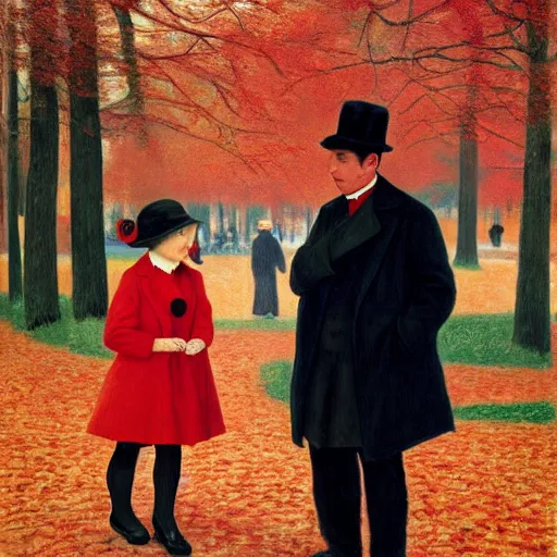 Prompt: a thin man in a black coat and bowler hat talks with small young girl who is dressed in a red coat and a red hat, park, autumn, 1923, wide angle, high detail, in style of Pierre-Auguste Renoir, 8k, width 768