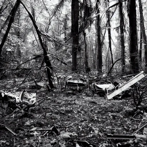 Image similar to huge crashed ufo wreckage in the forest, black and white photo, cinematic, found footage