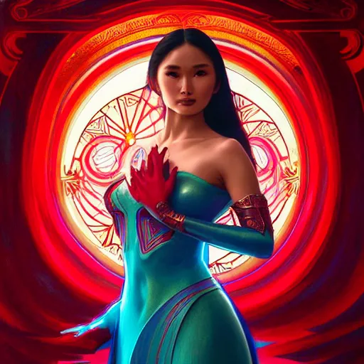 Image similar to heart evangelista as darna, volumetric lights, red and cyan theme, art nouveau botanicals, intricate, highly detailed, digital painting, artstation, concept art, smooth, sharp focus, cinematic, illustration, beautiful face, art by artgerm and greg rutkowski and alphonse mucha