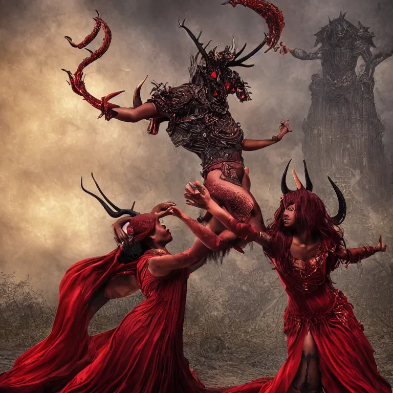 Prompt: black man and a female devil in red dress with horns are dancing together, in Dark souls and elden ring style, insanely detailed and intricate, golden ratio, hypermaximalist, elegant, ornate, luxury, elite, ominous, haunting, matte painting, cinematic, cgsociety, James jean, Brian froud, ross tran, Laputa, photorealism