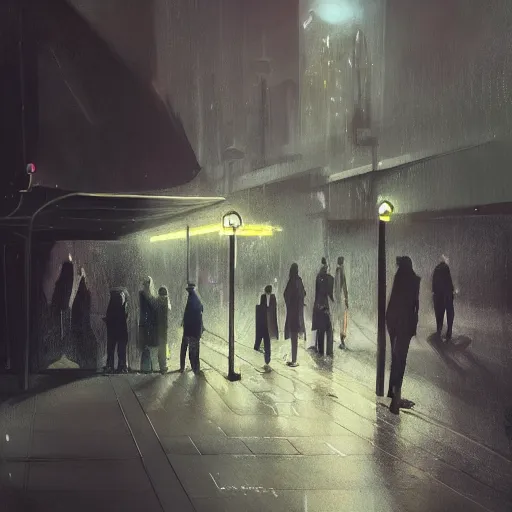 Prompt: a some people waiting in a lone bus stop in quiet dark city night, high quality, high resolution,detailed, digital painting, artstation, concept art, sharp focus, octane render, volumetric light, trending on Artstation, by James Jean, by Brian Froud, hyper realistic