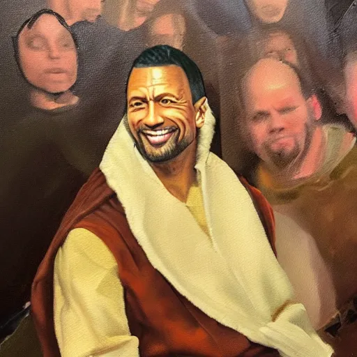 Image similar to oil painting of Dwayne Johnson dressed like a renaissance woman