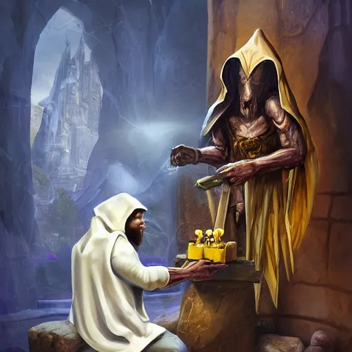 Image similar to a hooded cultist is stabbing a banana placed on an altar, in front of a stone statue of a forgotten god, by patrick mcenvoy and michael komarck and fantasy flight, incredible quality, trending on artstation