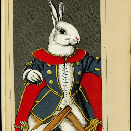 Image similar to a book illustration of a rabbit wearing a british navy 1700s uniform