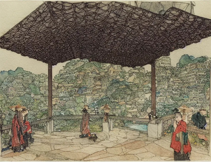Prompt: a detailed, intricate watercolor and ink illustration with fine lines of the view from the river of a building with a roof like a japanese umbrella by frank lloyd wright, by arthur rackham and edmund dulac and lisbeth zwerger