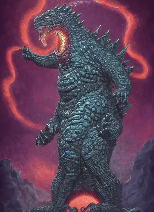 Image similar to occult godzilla kaiju with glowing haunted eyes, metal skin, intricate, elegant, highly detailed, centered, digital painting, artstation, concept art