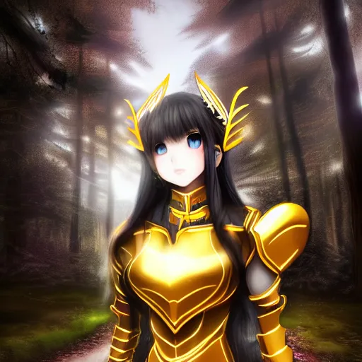 Image similar to focus face portrait of beautiful darkness knight 3D anime girl, golden armor wearing, dark forest background, snowing, bokeh, inspired by Masami Kurumada, digital painting, high contrast, unreal engine render, volumetric lighting, high détail