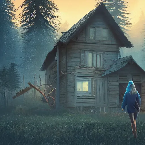 Image similar to woman leaving her wooden broken house by simon stålenhag, very highly detailed, award winning, rendered by Beeple, by Makoto Shinkai, syd meade, starwars, space art concept, digital art, unreal engine, blender, WLOP, trending on artstation, 4K UHD image, octane render