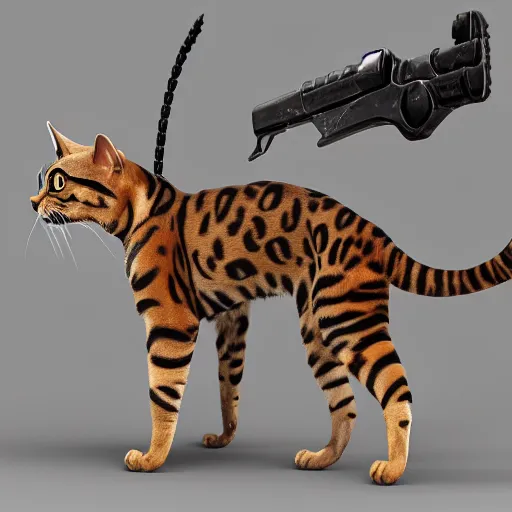 Image similar to a bengal cat with weapons attached, unreal engine, insanely detailed, intricate, elegant, artstation