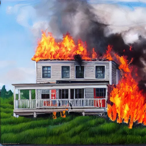 Prompt: realistic painting of a house in vermont on fire