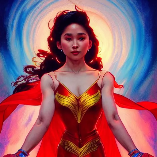 Image similar to kathlyn bernardo as darna, volumetric lights, red and cyan theme, art nouveau botanicals, intricate, highly detailed, digital painting, artstation, concept art, smooth, sharp focus, cinematic, illustration, beautiful face, art by artgerm and greg rutkowski and alphonse mucha