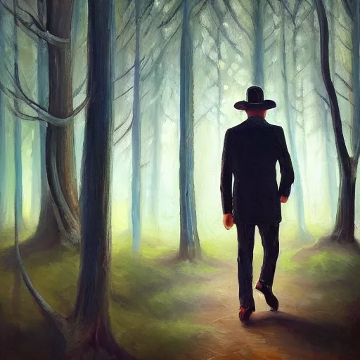 Prompt: “Oil painting of a mysterious man in a pointy hat walking through a detailed forest, ethereal lighting, 4k”