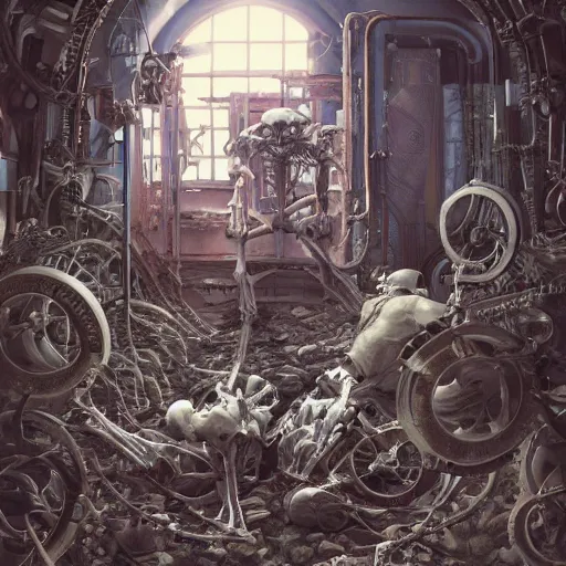 Prompt: hyperrealistic photography of a machine entering a skeleton host in the style of jin kagetsu, james jean and wlop, highly detailed, sharp focus, intricate concept art, digital painting, ambient lighting, 4 k, artstation