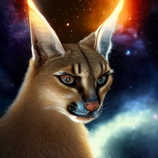 Image similar to a cute caracal, wearing a coat made of stars and nebulae, dramatic, volumetric lighting, planets in the background, smooth, sharp focus, very detailed, by greg rutkowski, artstation, tom badshaw, 8 k, symmetrical face