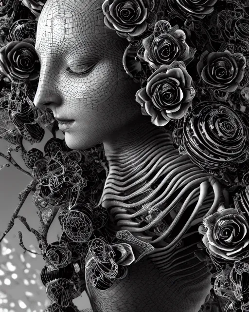 Image similar to mythical dreamy black and white organic bio-mechanical spinal ribbed profile face portrait detail of translucent steampunk beautiful female angelic-human-queen-vegetal-cyborg, highly detailed, intricate crystal ivy jelly ornate, poetic, translucent roses ornate, 3D render, digital art, octane render, 8K artistic photography, photo-realistic, by Dora Maar